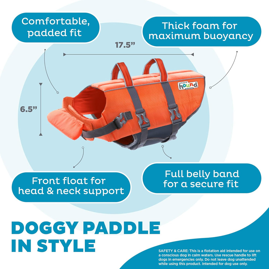 Outward Hound Granby Splash Dog Life Jacket, High-Buoyancy Dog Life Vest for Swimming, Boating, and Water Safety, Large, Orange