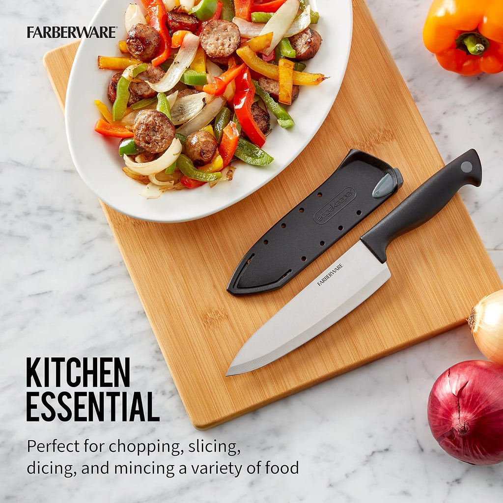 Farberware Edgekeeper 6-Inch Chef Knife with Self-Sharpening Blade Cover, High Carbon-Stainless Steel Kitchen Knife with Ergonomic Handle, Razor-Sharp Knife, Black