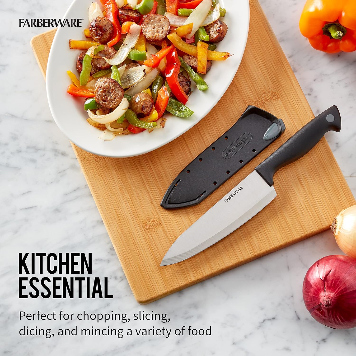 Farberware Edgekeeper 6-Inch Chef Knife with Self-Sharpening Blade Cover, High Carbon-Stainless Steel Kitchen Knife with Ergonomic Handle, Razor-Sharp Knife, Black