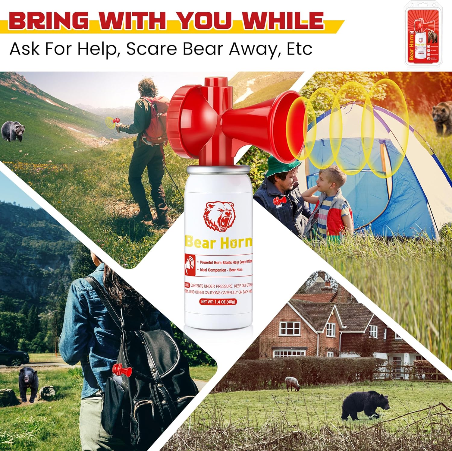 Bear Horn to Scare Bears 1.4oz, Very Loud 120dB Bear Air Horns for Safety for Hiking, Heard Up to 1/2 Mile Away, Bear Spray Self Defense, Blow Horn to Scare Wild Animals, Bear Alarm