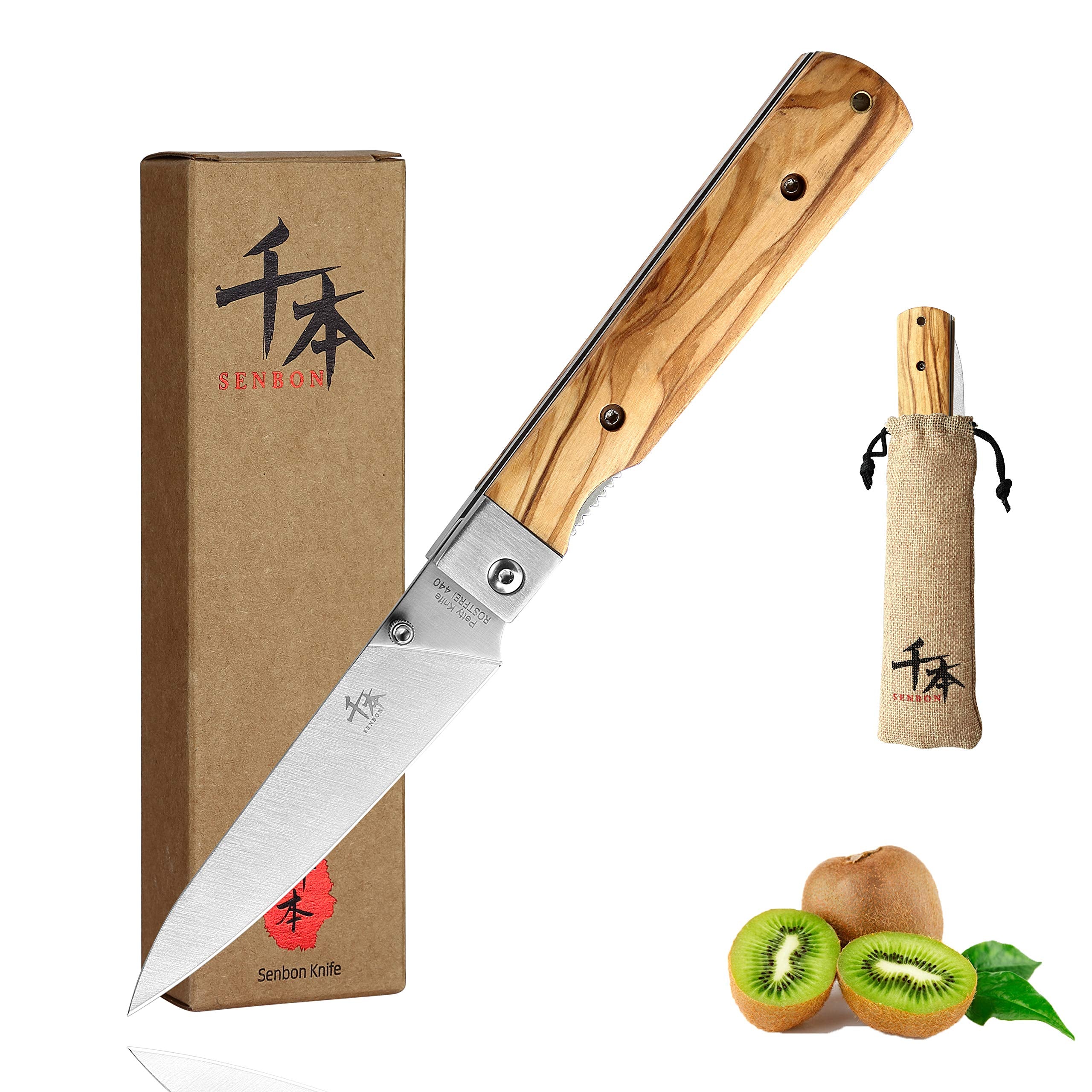 SENBON 440A stainless steel Ultra sharp pocket folding Chef knife peeling utility knife fruit knife Natural Olive Handle Camping BBQ trip Outdoor Portable kitchen knife