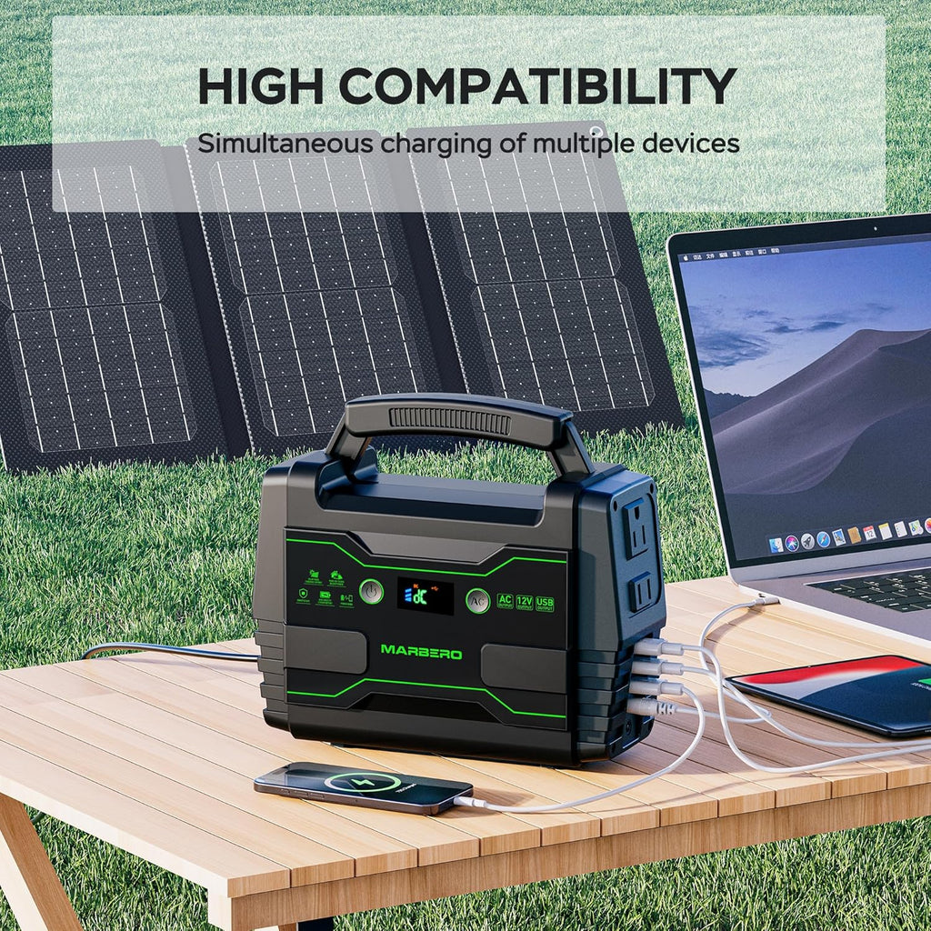 MARBERO Solar Powered Generator 155Wh with 30W Foldable Solar Panels 100W AC Output Lithium Battery Portable Power Station with AC DC and USB Outputs for Camping Emergency Home Backup Blackout Hiking