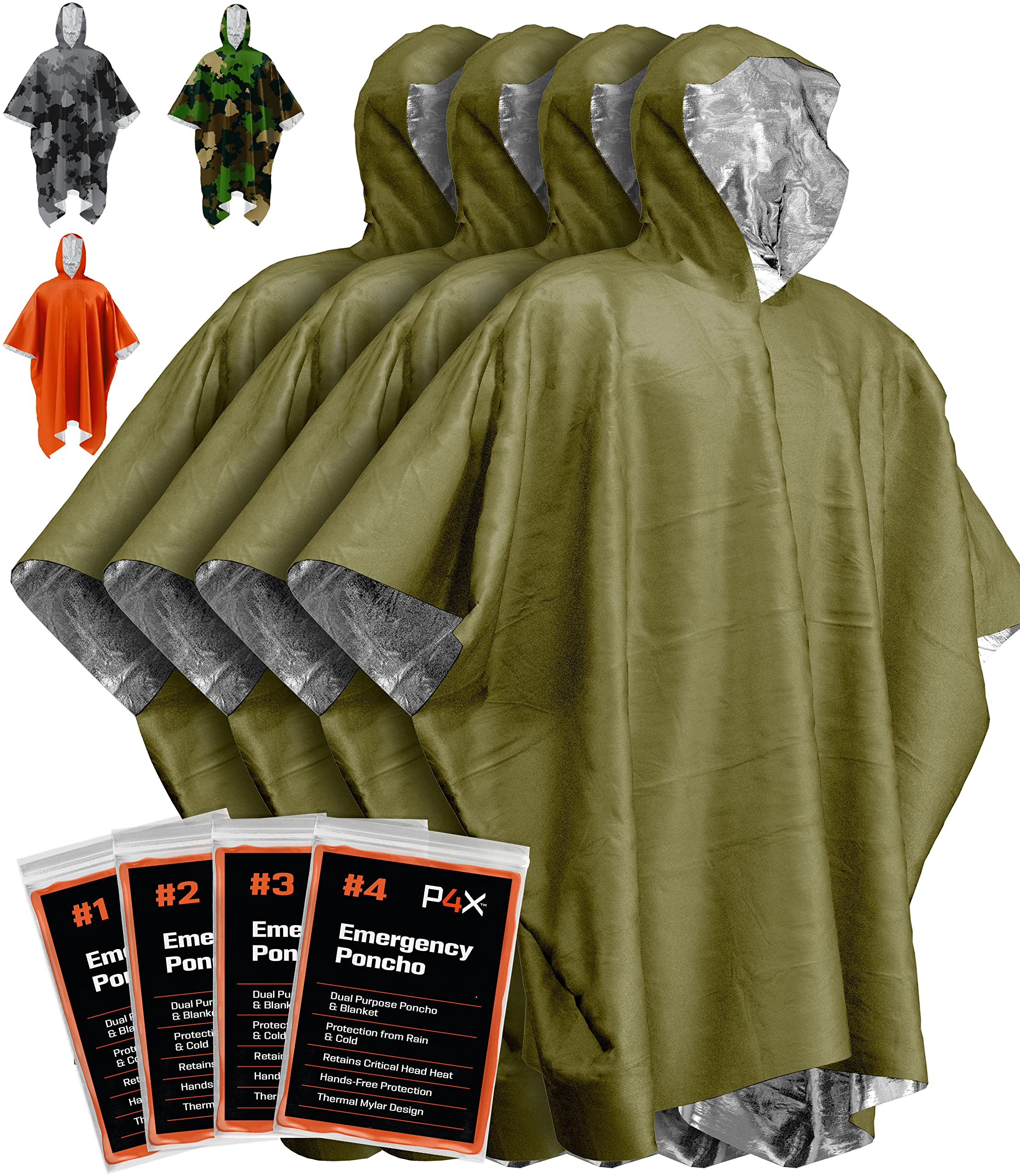 PREPARED4X Emergency Poncho and Mylar Blanket Liner - Waterproof, Wind-Resistant Outdoor Rain Poncho for Camping, Emergencies
