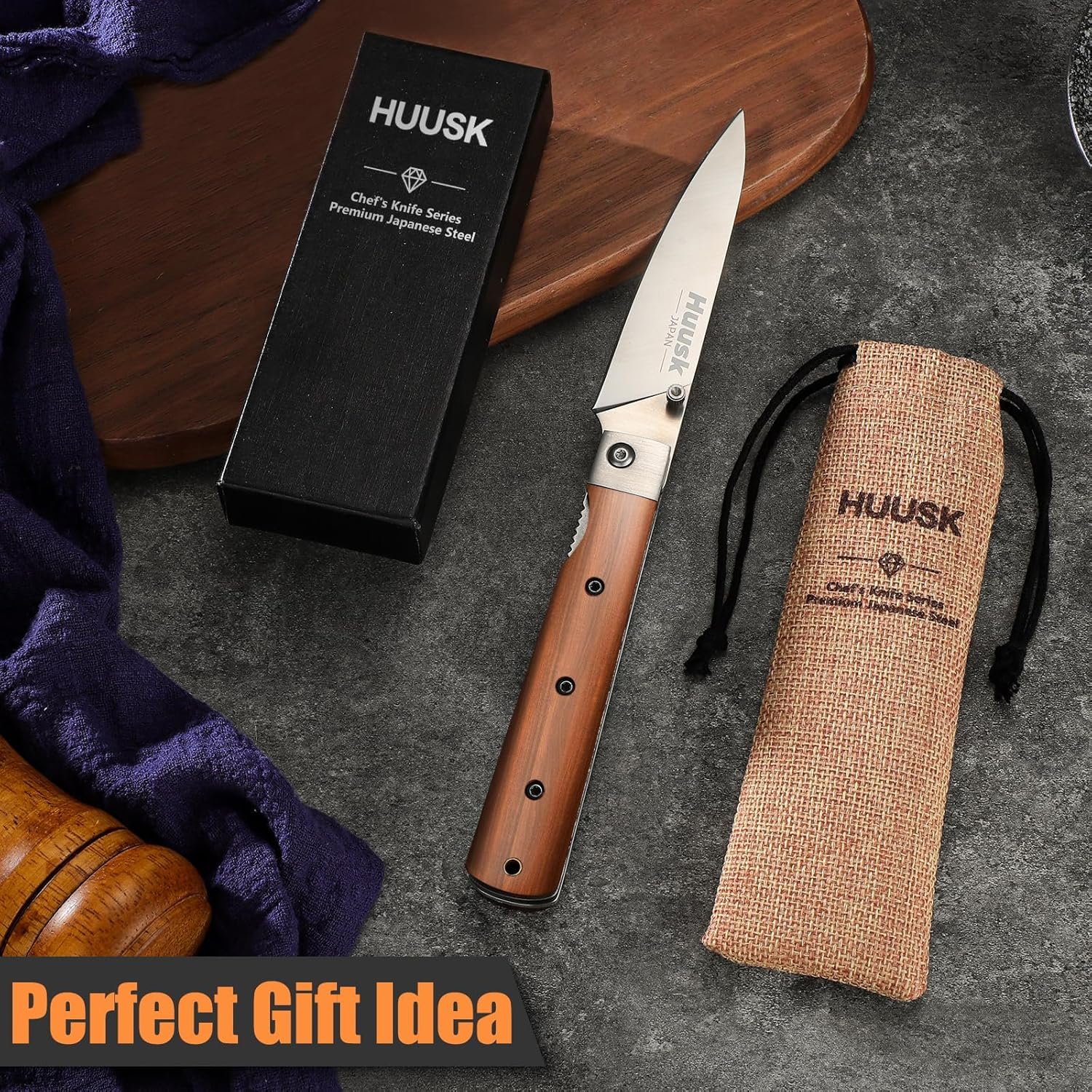 Huusk Japanese Folding Fruit Knife - Pocket Paring Knives with 440C Stainless Steel Ultra Sharp Blade, Portable Kitchen Knives, Gifts for Men