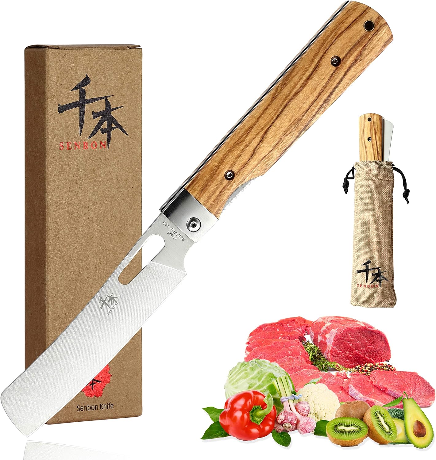SENBON 440A stainless steel Ultra sharp pocket folding Chef knife peeling utility knife fruit knife Natural Olive Handle Camping BBQ trip Outdoor Portable kitchen knife