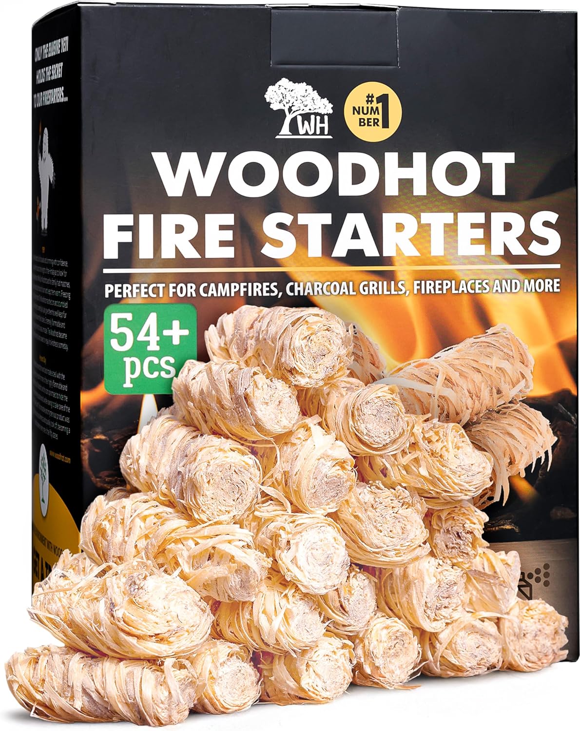 WH 54+ Pack Natural Fire Starters for Campfires & Grill - Long-Burning Charcoal Starters - Odorless Firestarters for Outdoor Fire Pit, Fireplace - Quick Ignite