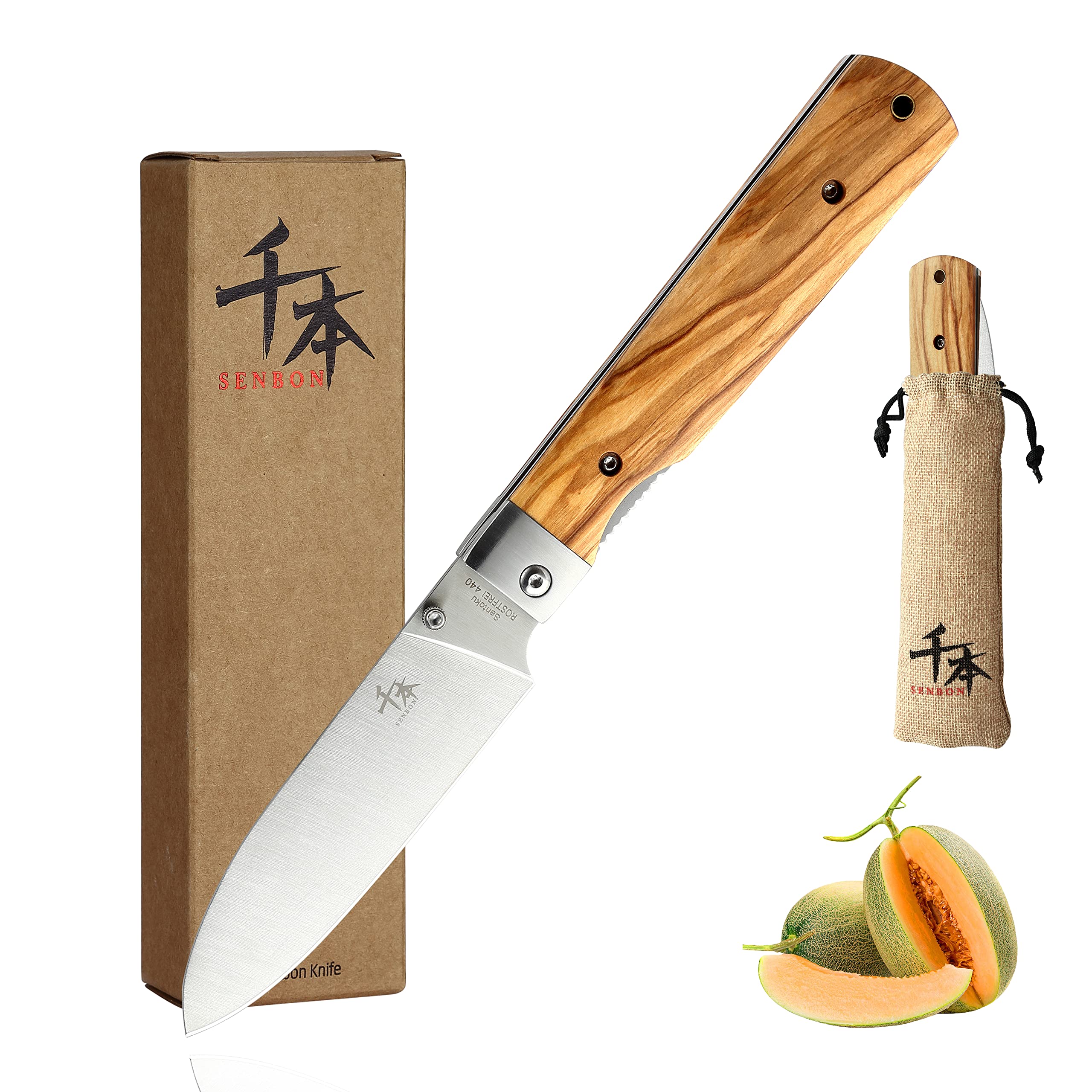 SENBON 440A stainless steel Ultra sharp pocket folding Chef knife peeling utility knife fruit knife Natural Olive Handle Camping BBQ trip Outdoor Portable kitchen knife
