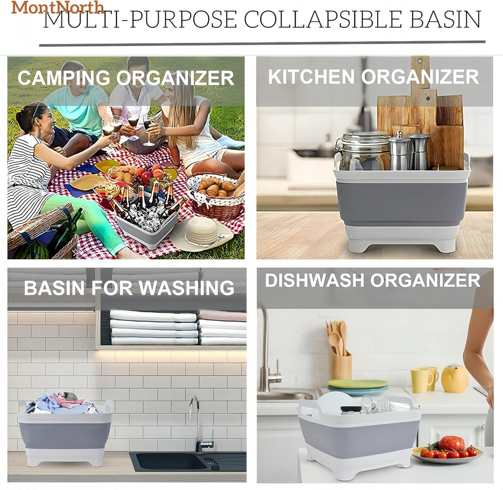 Collapsible Wash Basin 9L, Foldable Dish Tub with Drain Plug, Portable Collapsible Dish Basin, Camping Sink for Washing Dishes, Laundry & Kitchen Use,Gray